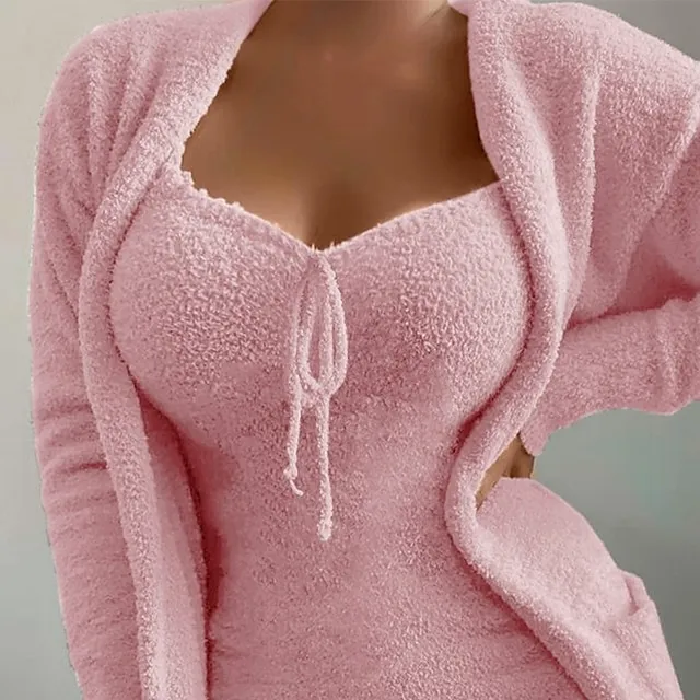 Women's Fleece Lounge Sets 2 Pcs Fluffy Fuzzy Warm Pajama Winter Pure Color Comfort Street Going out Airport Polyester Warm Gift V Wire Sleeveless Strap Top Basic Winter Fall Green Pink