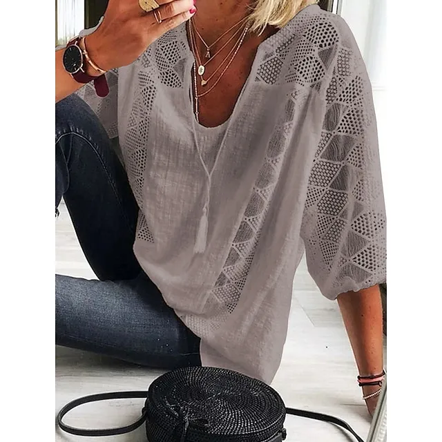 Women's Blouse Lace Patchwork Solid Color Basic Boho U Neck Lace-up Spring &  Fall Black White Yellow Light Blue Grey