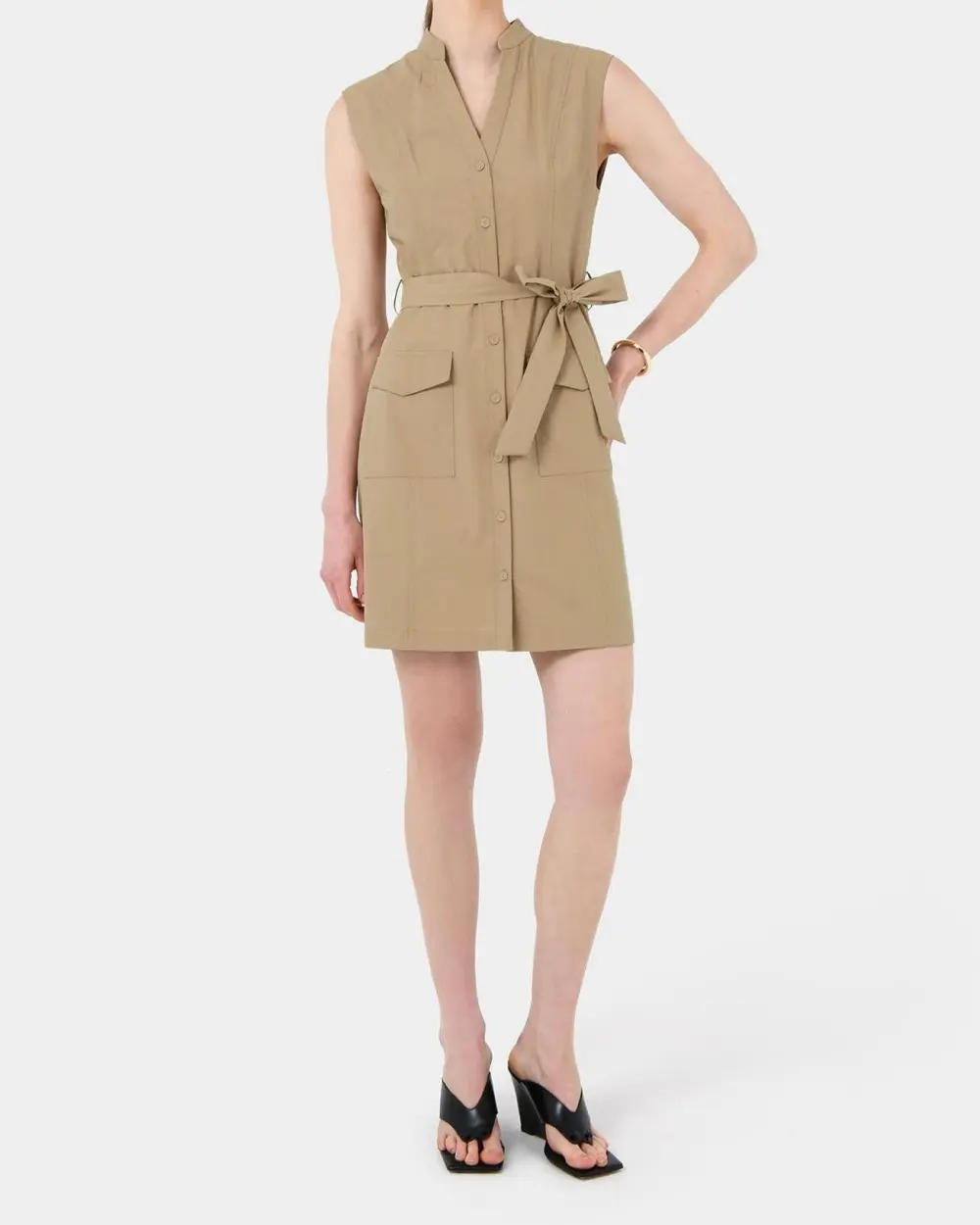 Mandarin Collar Utility Tie Dress - Beige