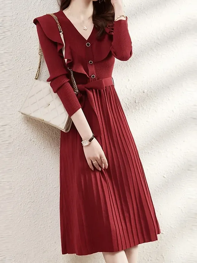 Women's Red Christmas Dress Christmas Dress Sweater Dress Midi Dress Knitwear Fashion Daily Pure Color Outdoor Christmas Daily Going out V Neck Long Sleeve Tie Front Lace up Ruched 2023 Loose Fit