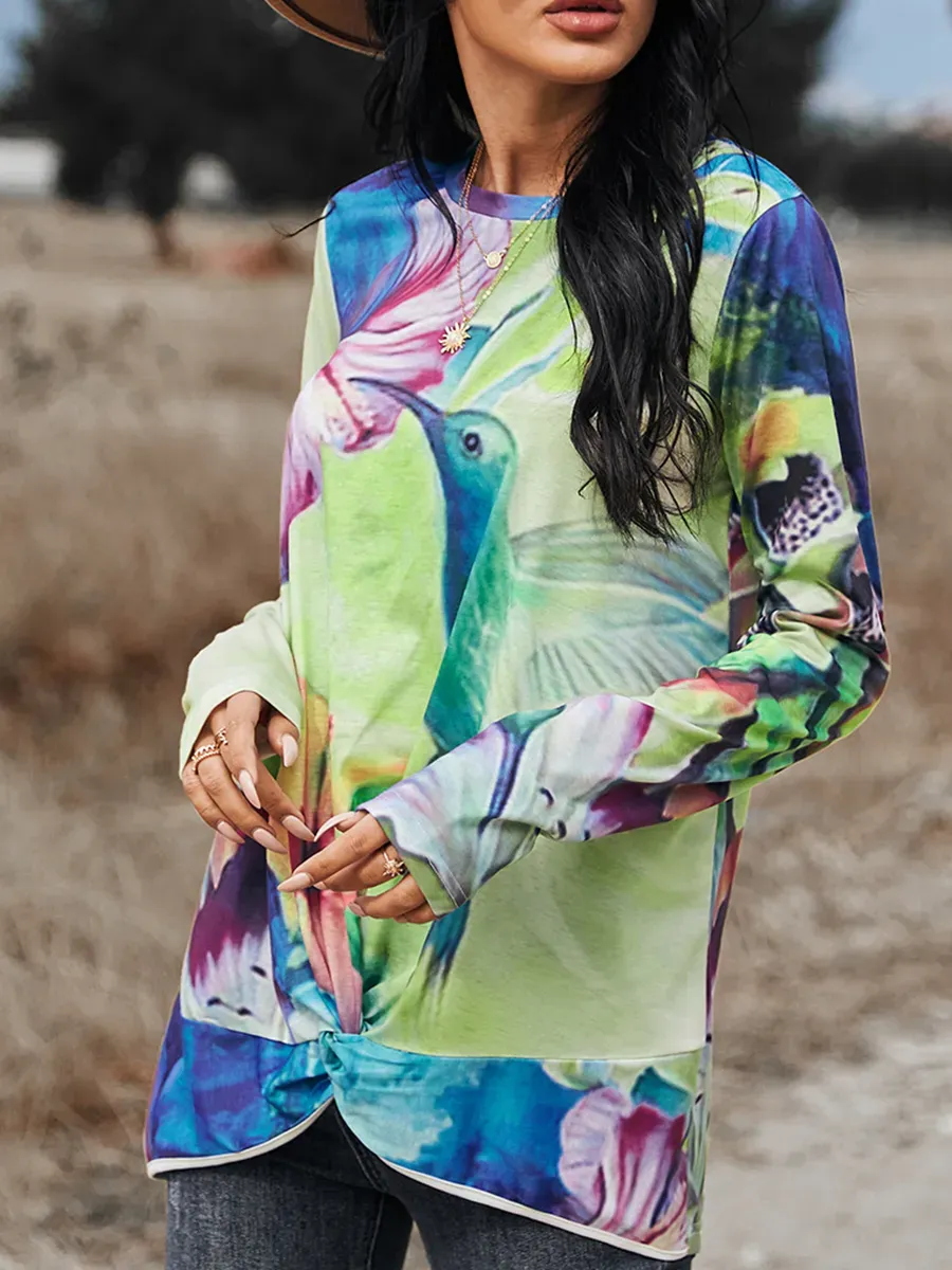 Women Casual Long Sleeves Printed Crew Neck T-shirts