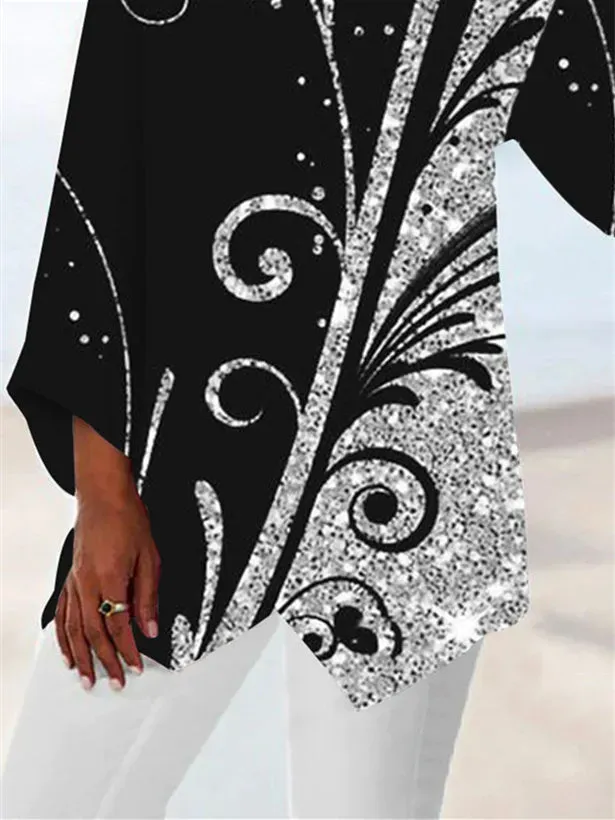 Women Asymmetrical 3/4 Sleeve V-neck Printed Graphic Top Dress