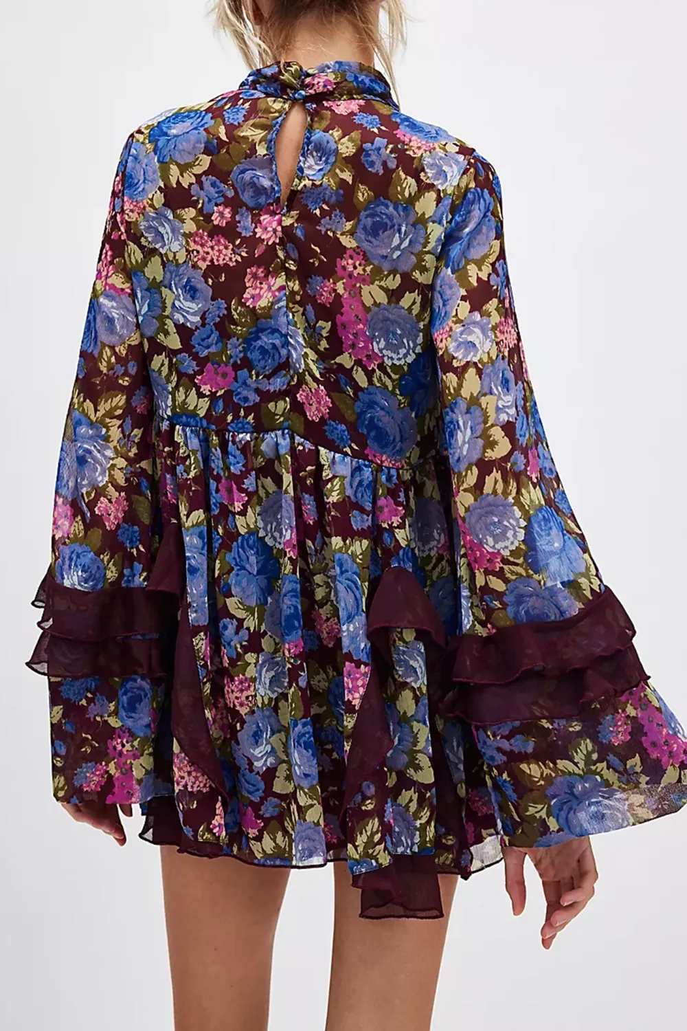 High Neck Lantern Sleeve Floral Mini Dress