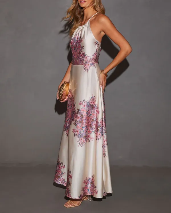 Satin Halter Printed Maxi Dress