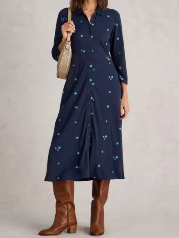 Embroidered Jersey Dress In Navy Print