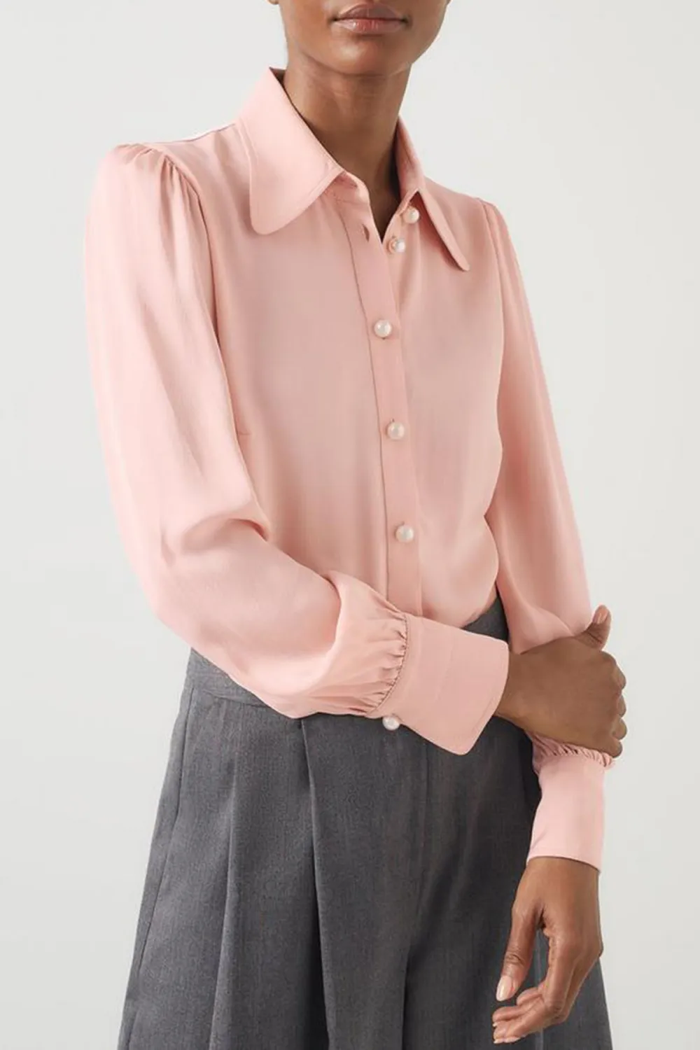 Light Pink Long Sleeve Button Down Silk Blouse