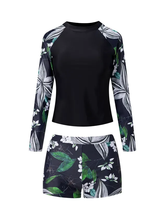 Vacation Floral Printing Crew Neck Surf Suit