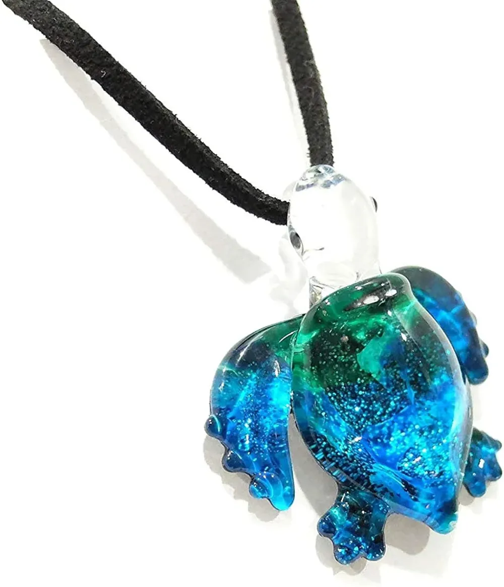 Handmade Ocean Blue Sea Turtle Art Glass Blown Sea Animal Figurine Pendant Necklace Jewelry