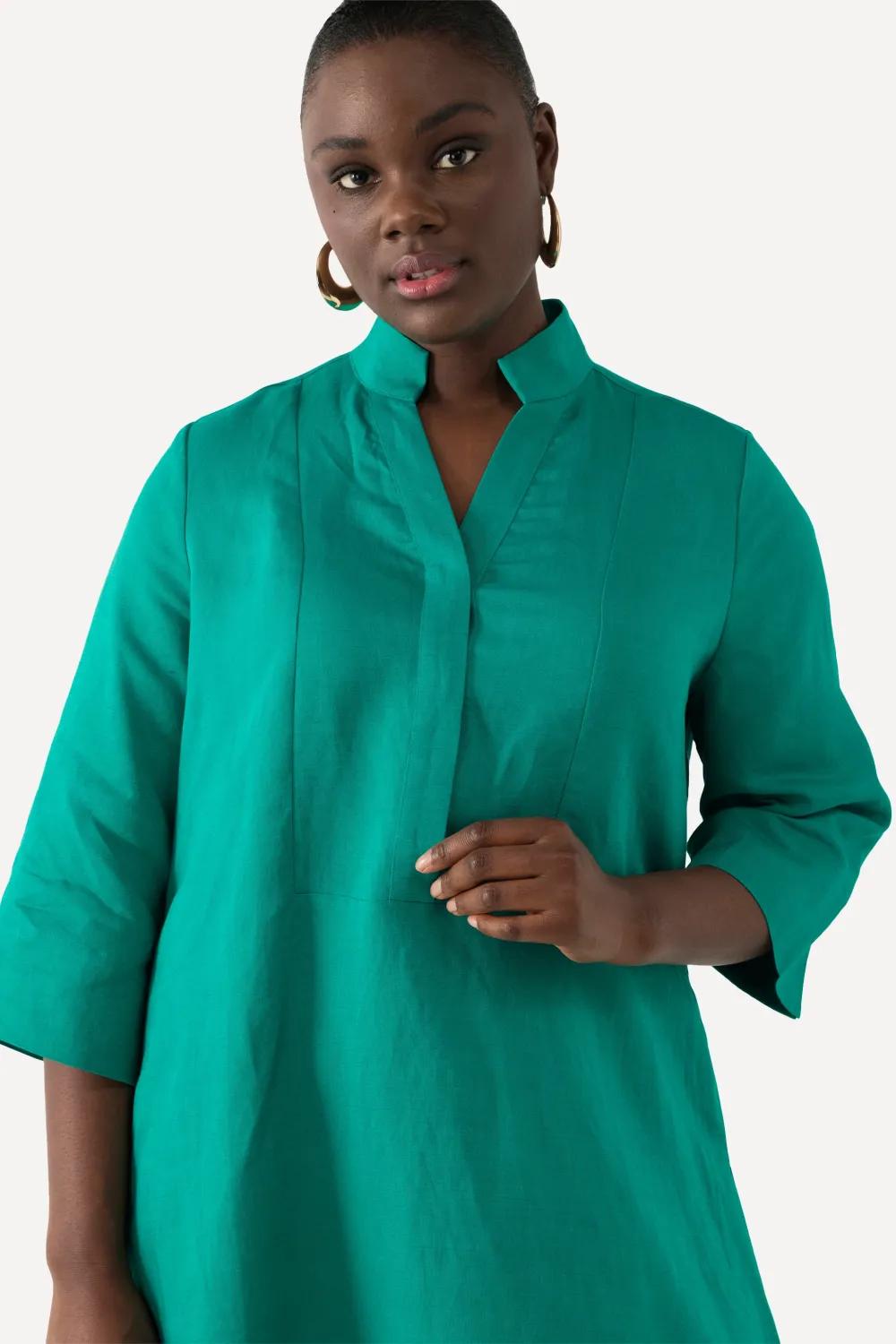 Midikleid, Leinenmix, A-Linie, V-Ausschnitt, 3/4-Arm