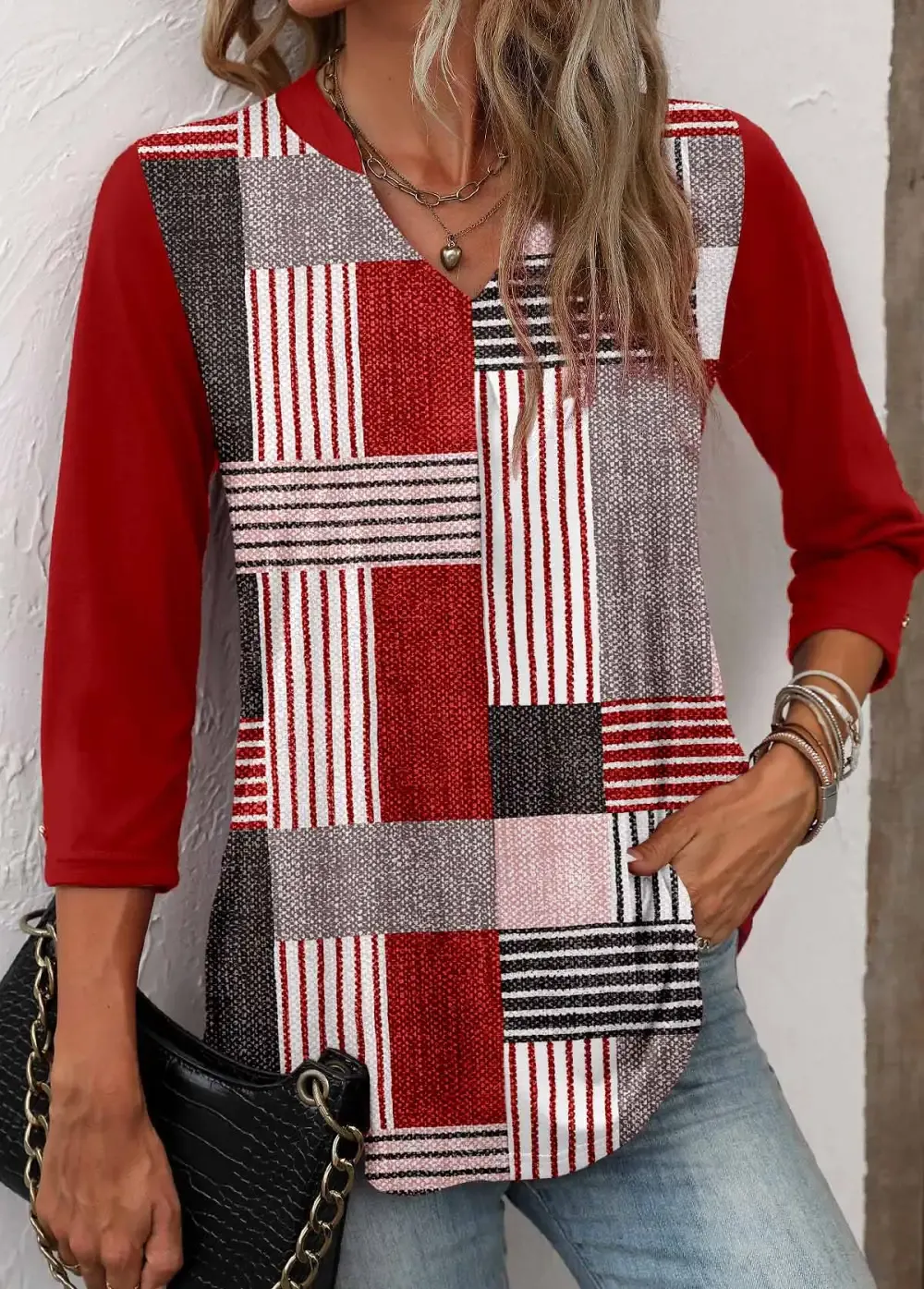 Wine Red Geometric Print T Shirt