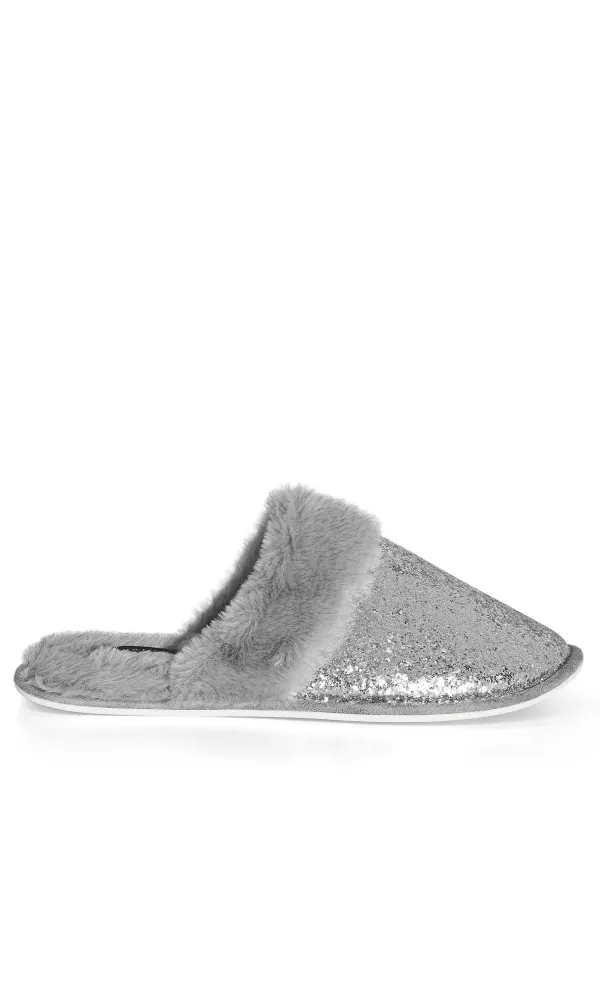 Evans Silver Glitter Faux Fur Lined Slipper