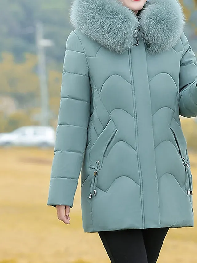 Women's Parka Warm Breathable Outdoor Street Daily Wear Going out Zipper Pocket Fur Collar Zipper Hoodie Fashion Modern Casual Street Style Solid Color Regular Fit Outerwear Long Sleeve Fall Winter