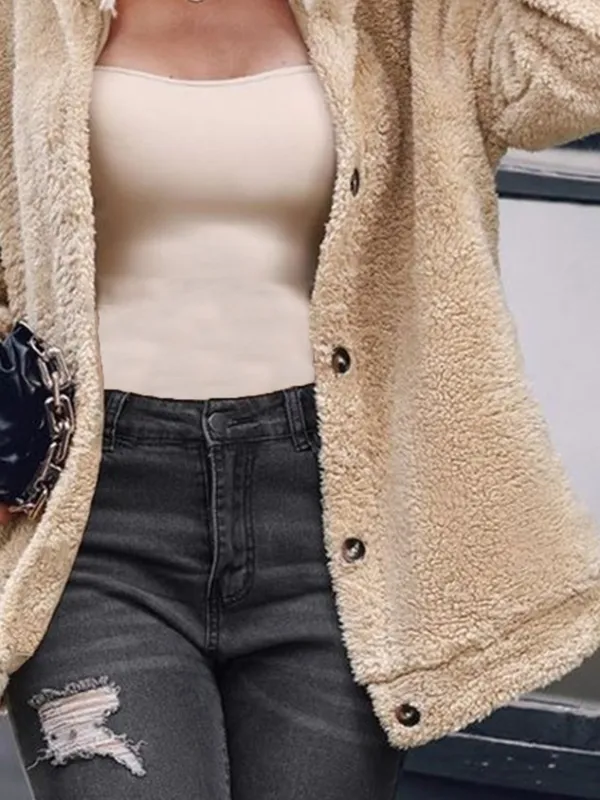 Casual Fluff/Granular Fleece Fabric Shawl Collar Teddy Jacket