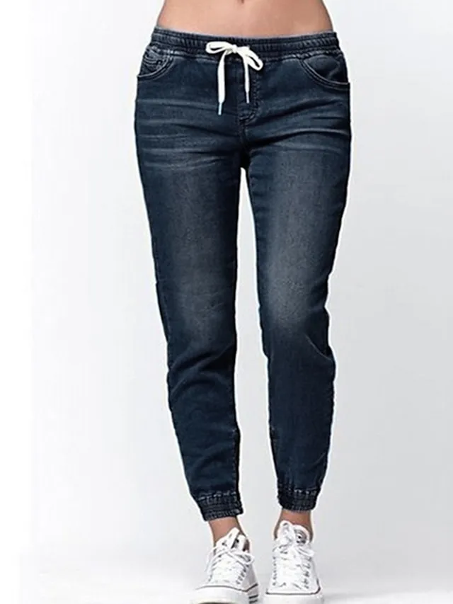 Women‘s Low Rise Jeans Pants Trousers Ankle-Length Denim Side Pockets Micro-elastic Mid Waist Fashion Casual Weekend Light Blue Black S M