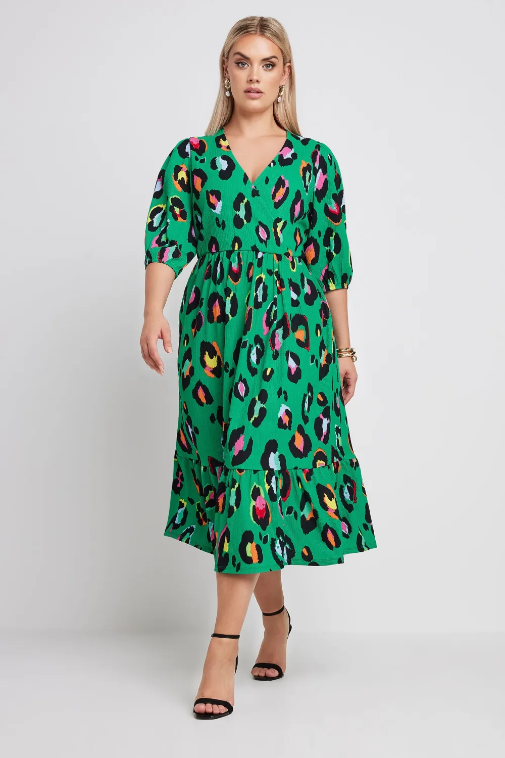 YOURS Curve Green Leopard Print Textured Wrap Dress