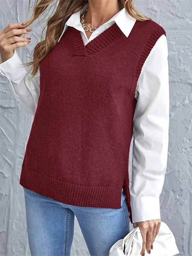 Women's Knitted Pure Color V Neck Sweater