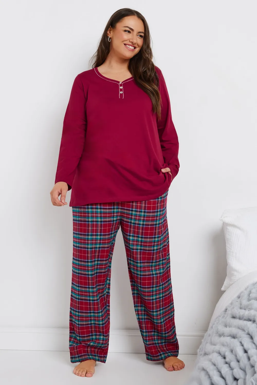 YOURS Curve Red Long Sleeve Placket Pyjama Top