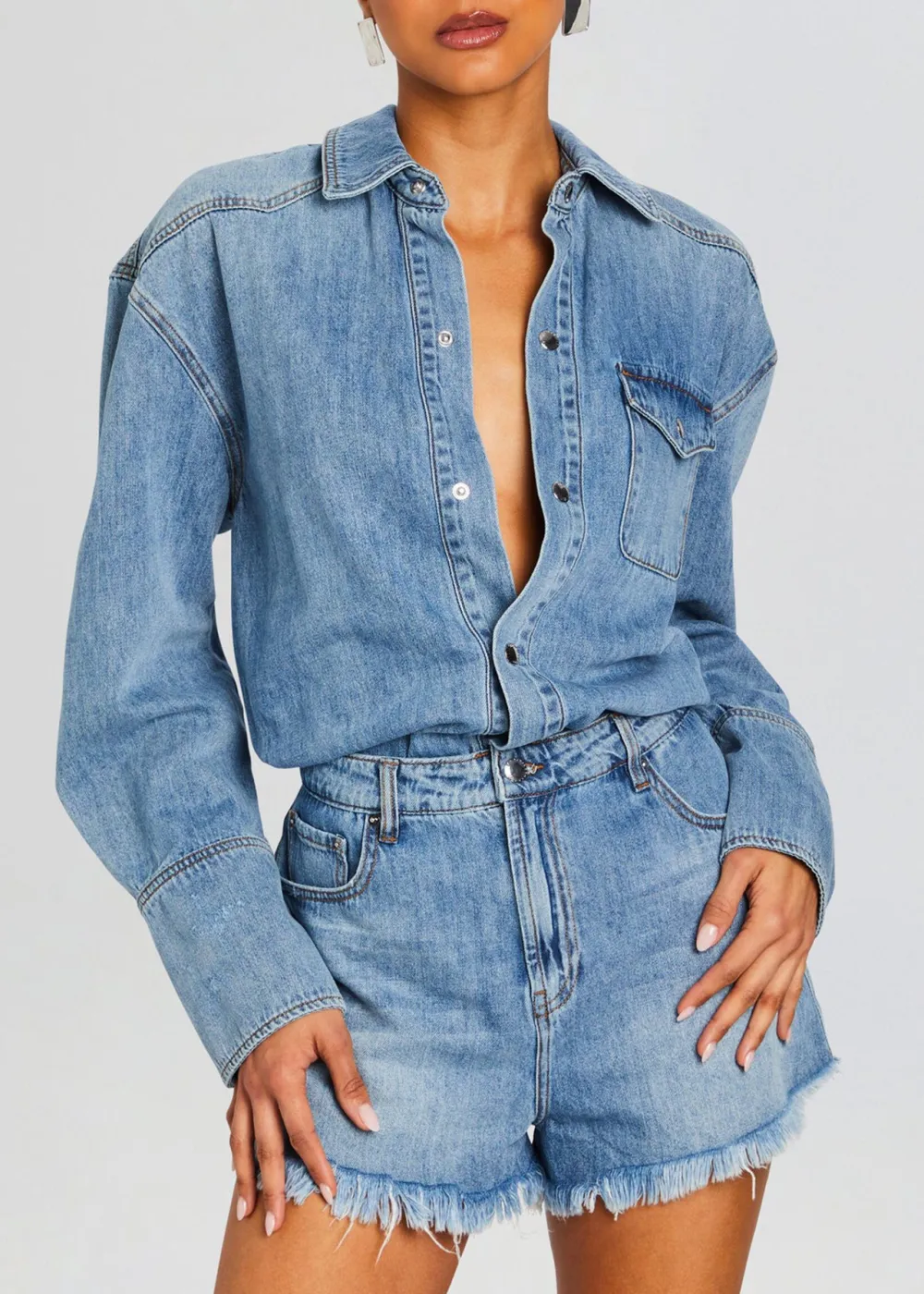 Long Sleeve V Neck Denim Romper