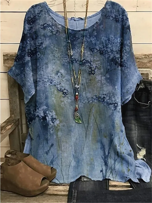 Women's Plus Size Shirt Blouse Yellow Pink Blue Graphic Floral Print Short Sleeve Daily Vacation Weekend Vintage Basic Holiday Crew Neck Regular Fit Dolman Sleeve Summer Spring