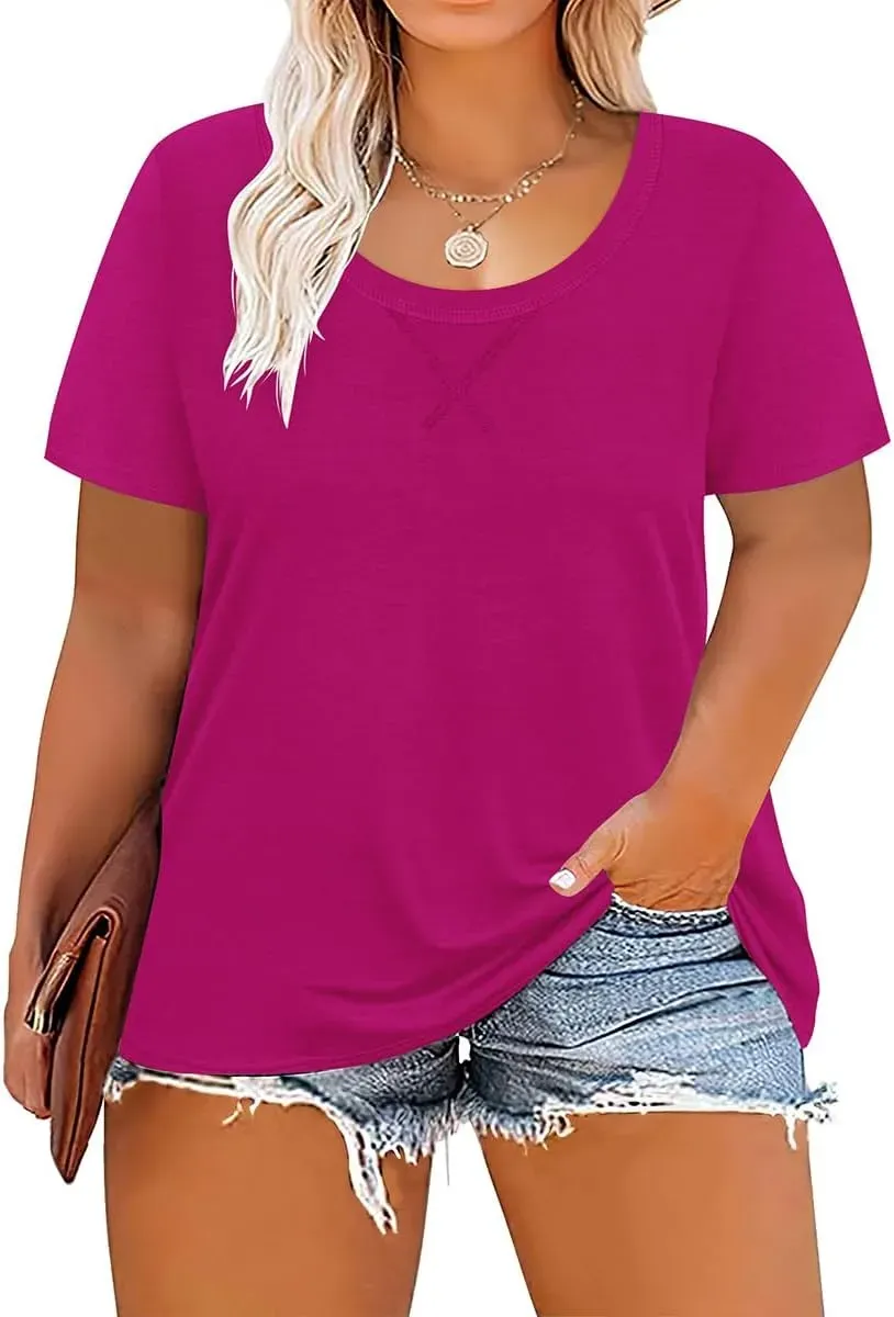 TIYOMI Plus Size T Shirt for Women Short Sleeve Tunic Cross Line Shirts Round Neck Tops Summer Blouse XL-5XL 14-28
