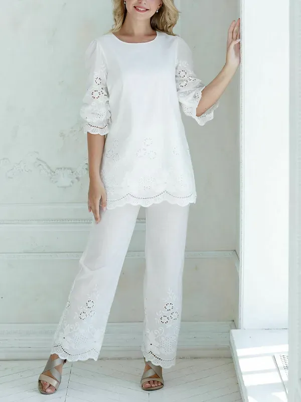 Round Neck Long Sleeve Hollow Top Trousers Suit