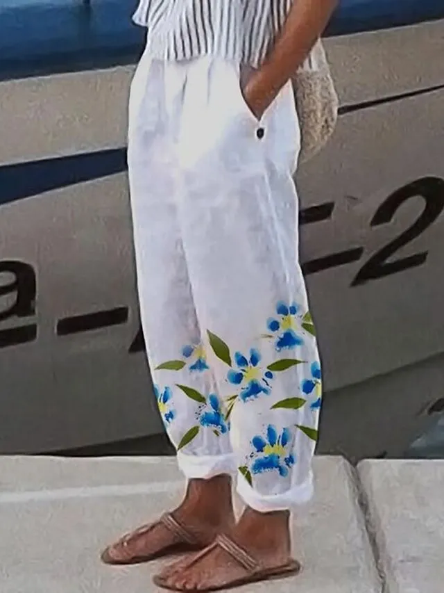 Women's Linen Pants Pants Trousers Baggy Full Length Faux Linen Side Pockets Baggy Fashion Casual Daily White Red S M