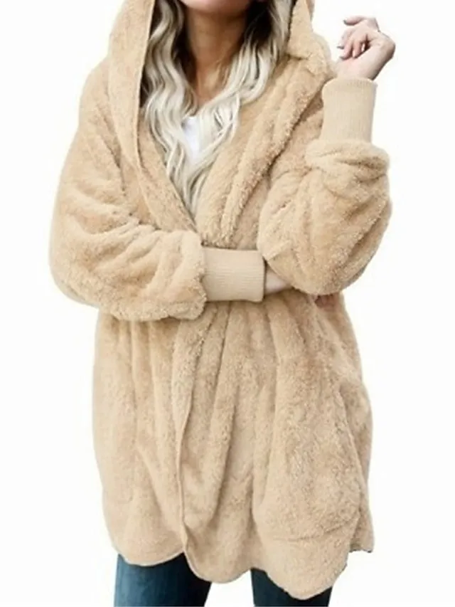 Women's Fleece Sherpa Jacket Teddy Bear Coat with Hood Open Front Winter Coat Fall Windproof Warm Comtemporary Stylish Plush Jacket Long Sleeve Plain with Pockets Oversize Lotus Black