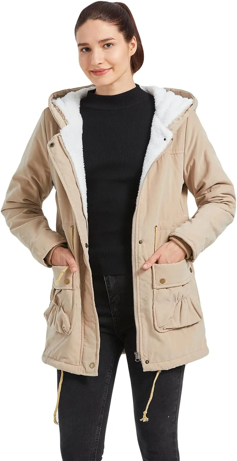 Women's Winter Mid Length Thick Warm Faux Lamb Wool Lined Jacket Coat