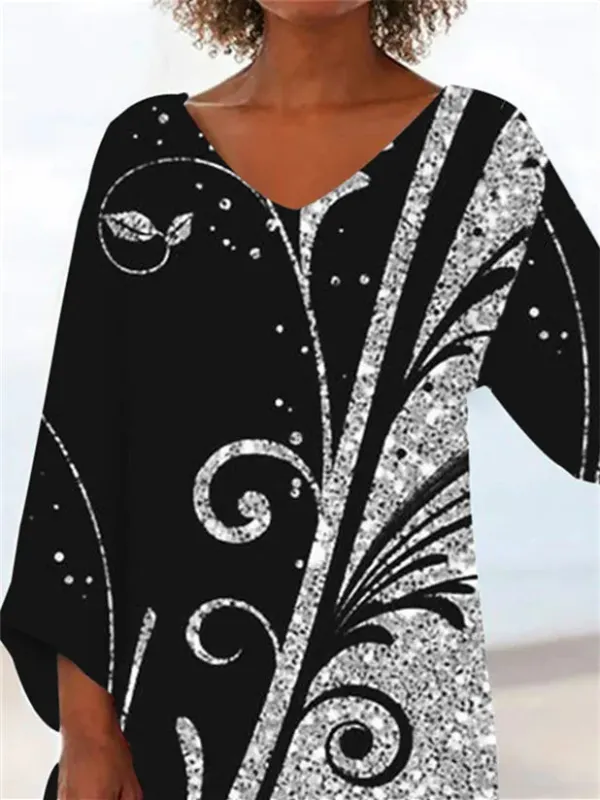 Women Asymmetrical 3/4 Sleeve V-neck Printed Graphic Top Dress