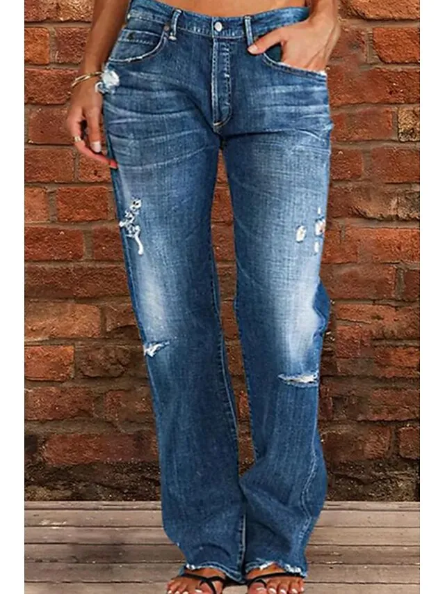 Women‘s Moms Jeans Low Rise Distressed Straight Full Length Denim Pocket Ripped Low Rise Casual Lounge Casual Daily Black Navy Blue S M