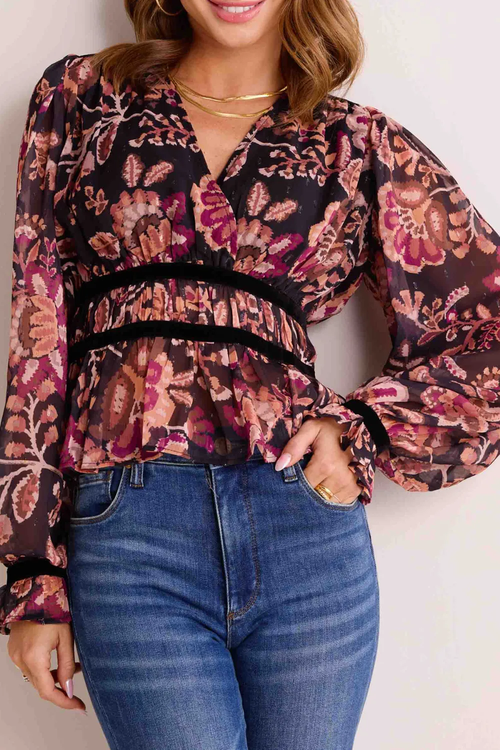 Floral Print Velvet Trim Belted Long Sleeve Blouse