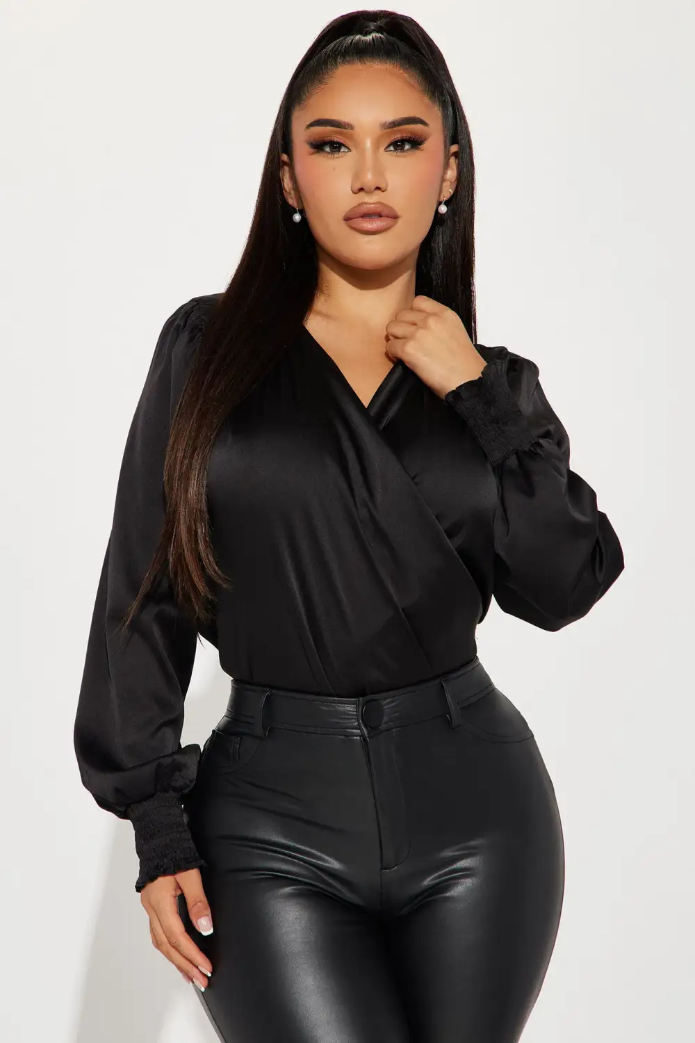 Dinner and Drinks Satin Blouse Top - Black