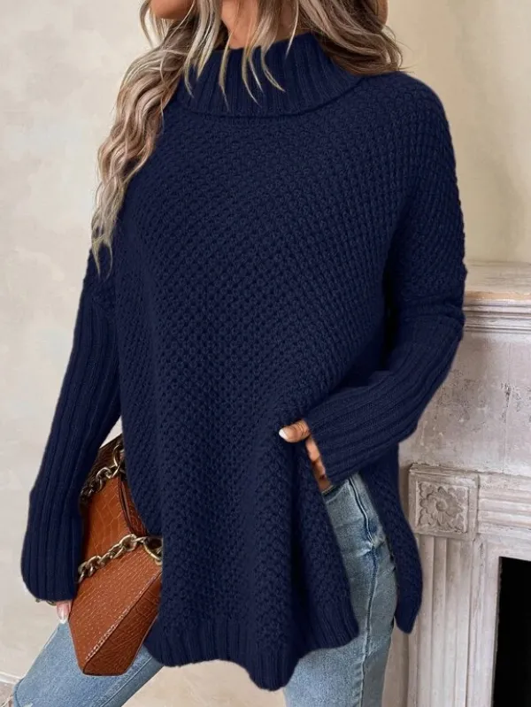 Turtleneck Drop Shoulder Split Hem Sweater