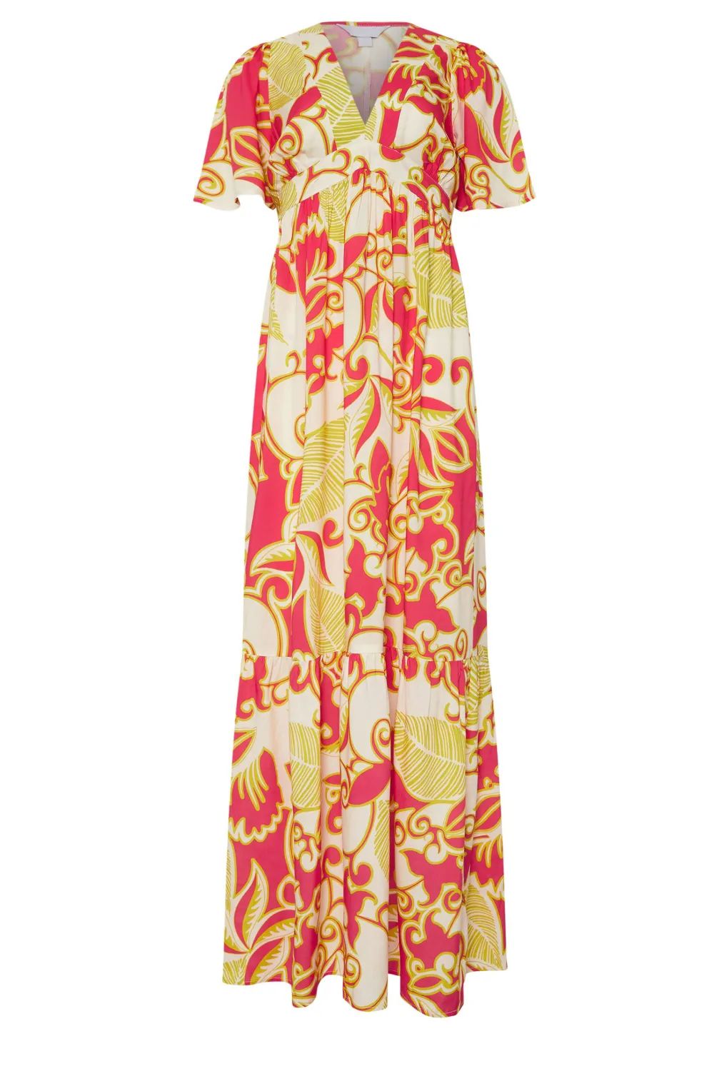 Coral Red Abstract Palm Flutter V-neck Maxi Dress