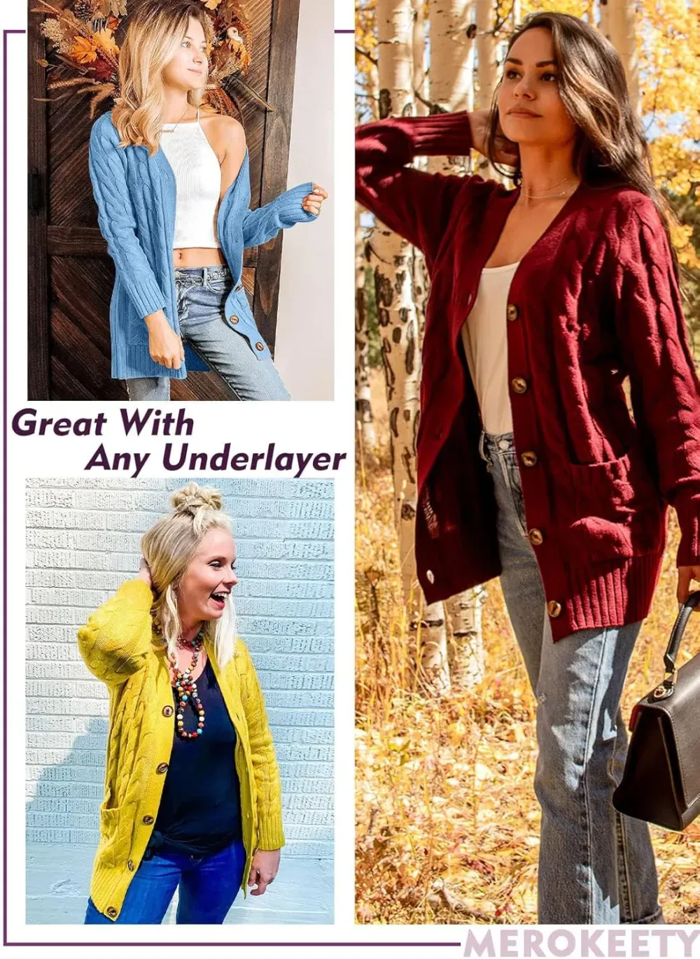 MEROKEETY Women's 2024 Fall Long Sleeve Cable Knit Sweater Open Front Cardigan Button Loose Outerwear