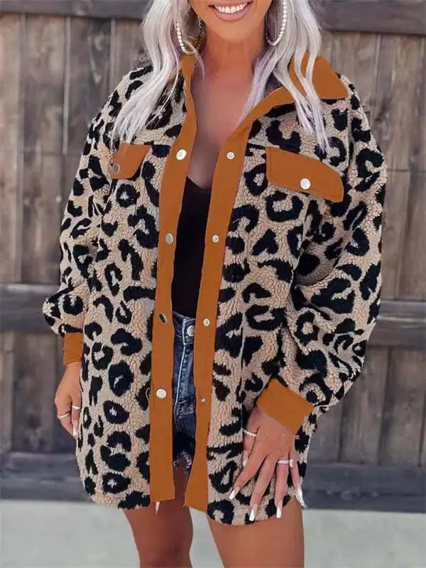 Leopard Print Pocket Casual Fur Jacket