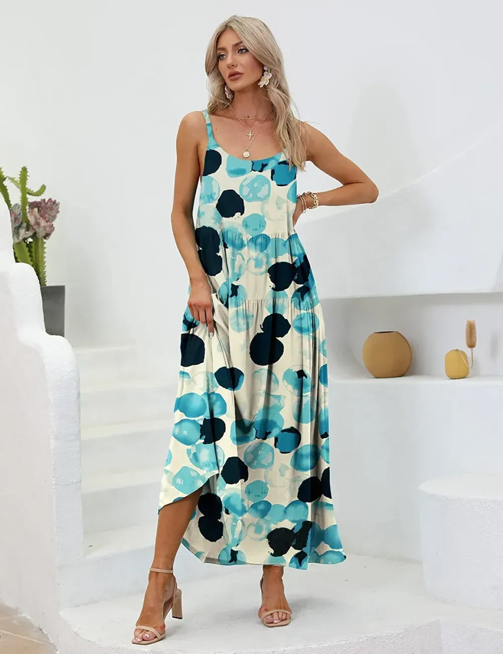 Summer Dresses for Women Casual Loose Bohemian Floral Dress with Pockets Spaghetti Strap Maxi Dress E75