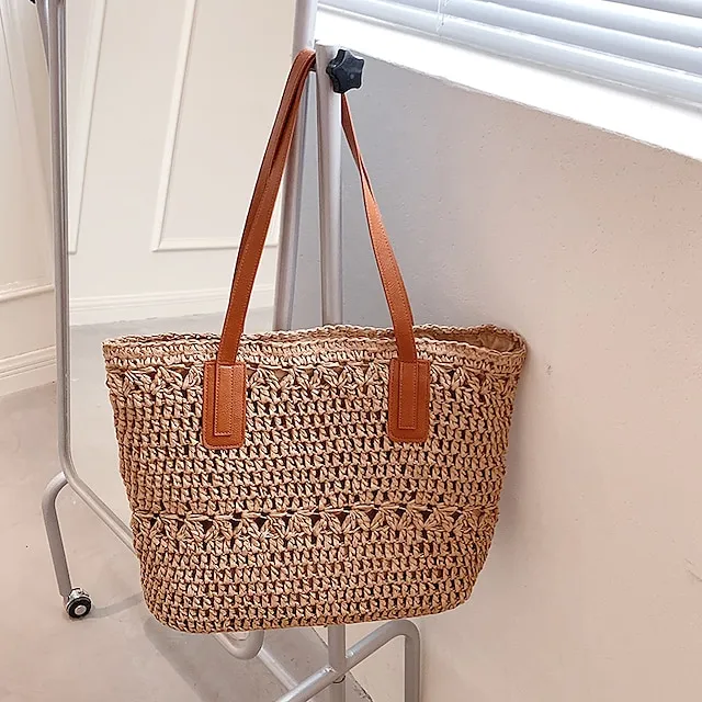 Women's Top Handle Bag Straw Bag Shoulder Bag Straw Outdoor Daily Zipper Solid Color Khaki Beige