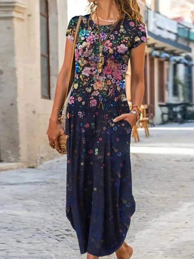 Women's Casual Dress Ethnic Dress Shift Dress Long Dress Maxi Dress Black Pink Wine Short Sleeve Floral Print Spring Summer Crew Neck Vintage Daily Vacation Weekend 2023 S M L XL XXL 3XL