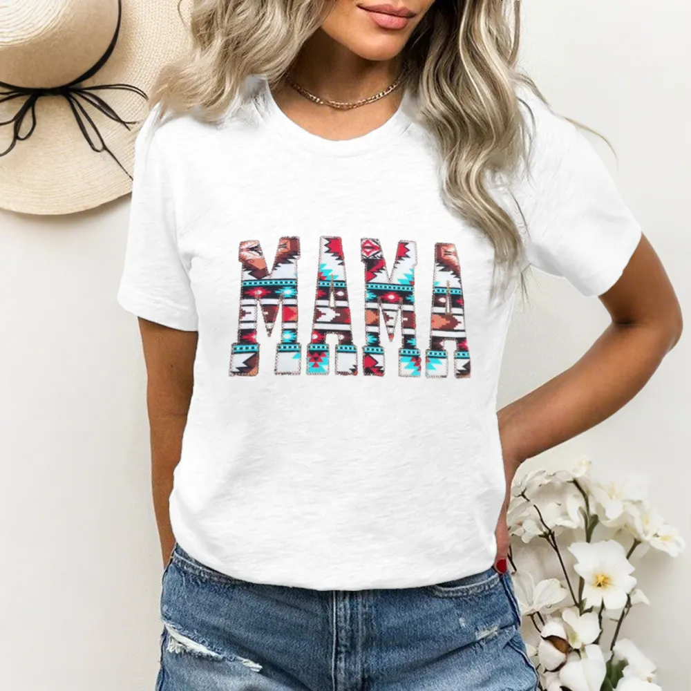 Women'S T-Shirt Cotton Alphabet Print Aztec Print T-Shirt Round Neck MAMA Short Sleeve
