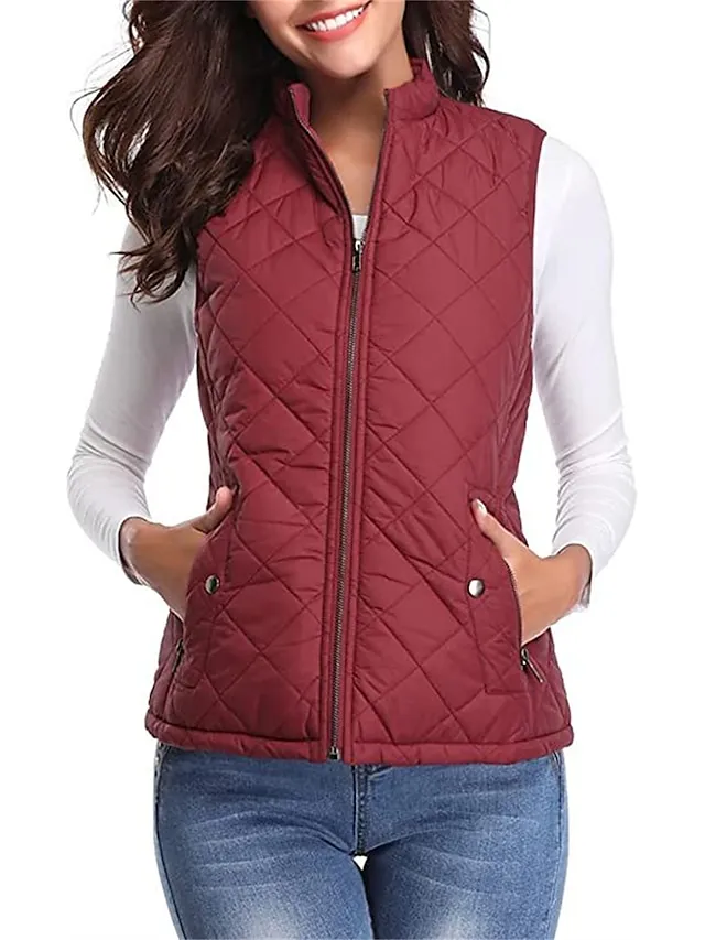 Women's Quilted Vest Crop Sleeveless Winter Coat Lightweight Puffer Gilet Warm Windproof Outerwear with Pockets Zip up Fall Street Casual Jacket Light Blue claret Sea Blue