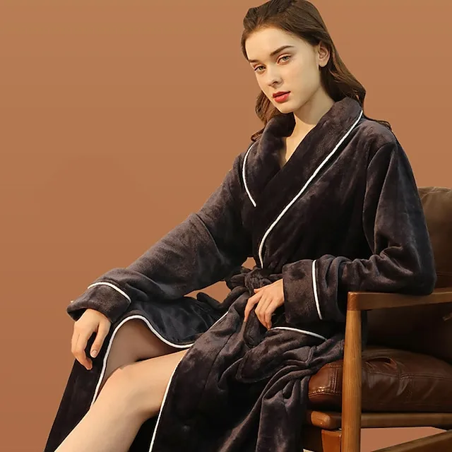 Women's Plus Size Plush Robes Gown Fluffy Fuzzy Warm Pajamas Bathrobes Home Party Daily Spa Modern Style Pure Color Fleece Simple Casual Soft Fall Winter V Wire Long Sleeve Lace Up Belt Included