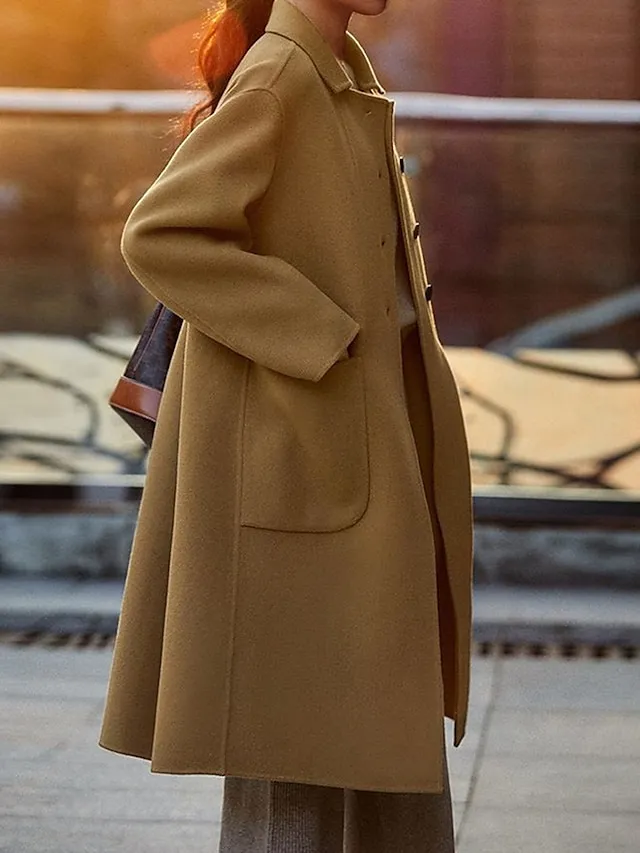 Women's Wool Blend Coat Winter Coat Long Pea Coat Fall Single Breasted Overcoat with Pockets Windproof Warm Trench Coat Casual Jacket Long Sleeve Black Camel Gray