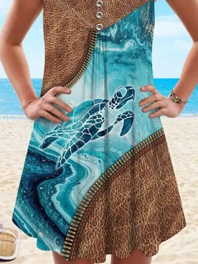 Vacation Sea Turtle Beach Print Spaghetti Strap Dress Swimsuit Coverup