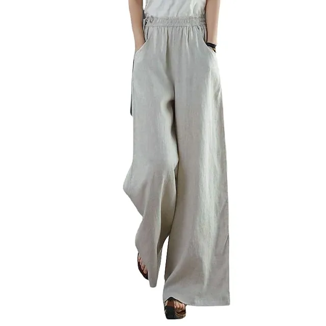 Women's Wide Leg Pants Trousers Baggy 100% Cotton Baggy Mid Waist Fashion Streetwear Office Work Black White S M Autumn / Fall Spring & Summer
