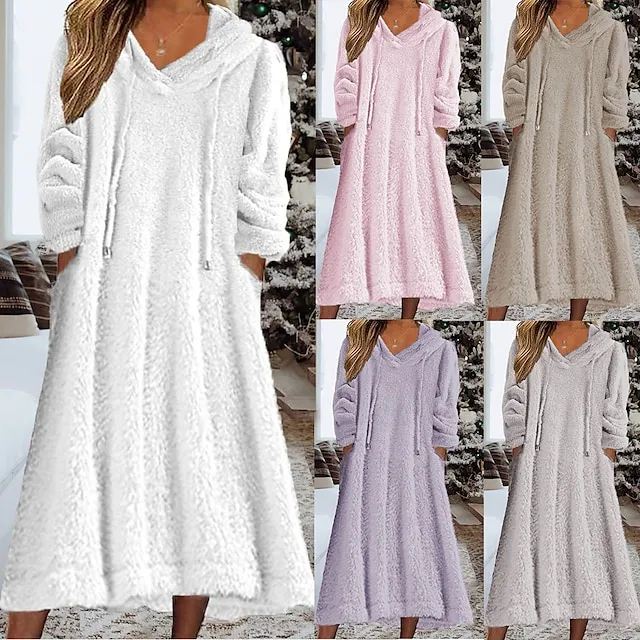 Women's Hoodie Dress Casual Dress Midi Dress Teddy Fleece Warm Home Daily Weekend Hoodie Pocket Drawstring Pure Color 2023 Regular Fit White Lavender Khaki S M L XL 2XL
