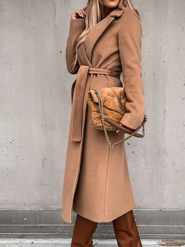 Women's Winter Coat Coat Daily Going out Fall Winter Long Coat Regular Fit Thermal Warm Casual Jacket Long Sleeve Solid Color Lace up Black White Khaki