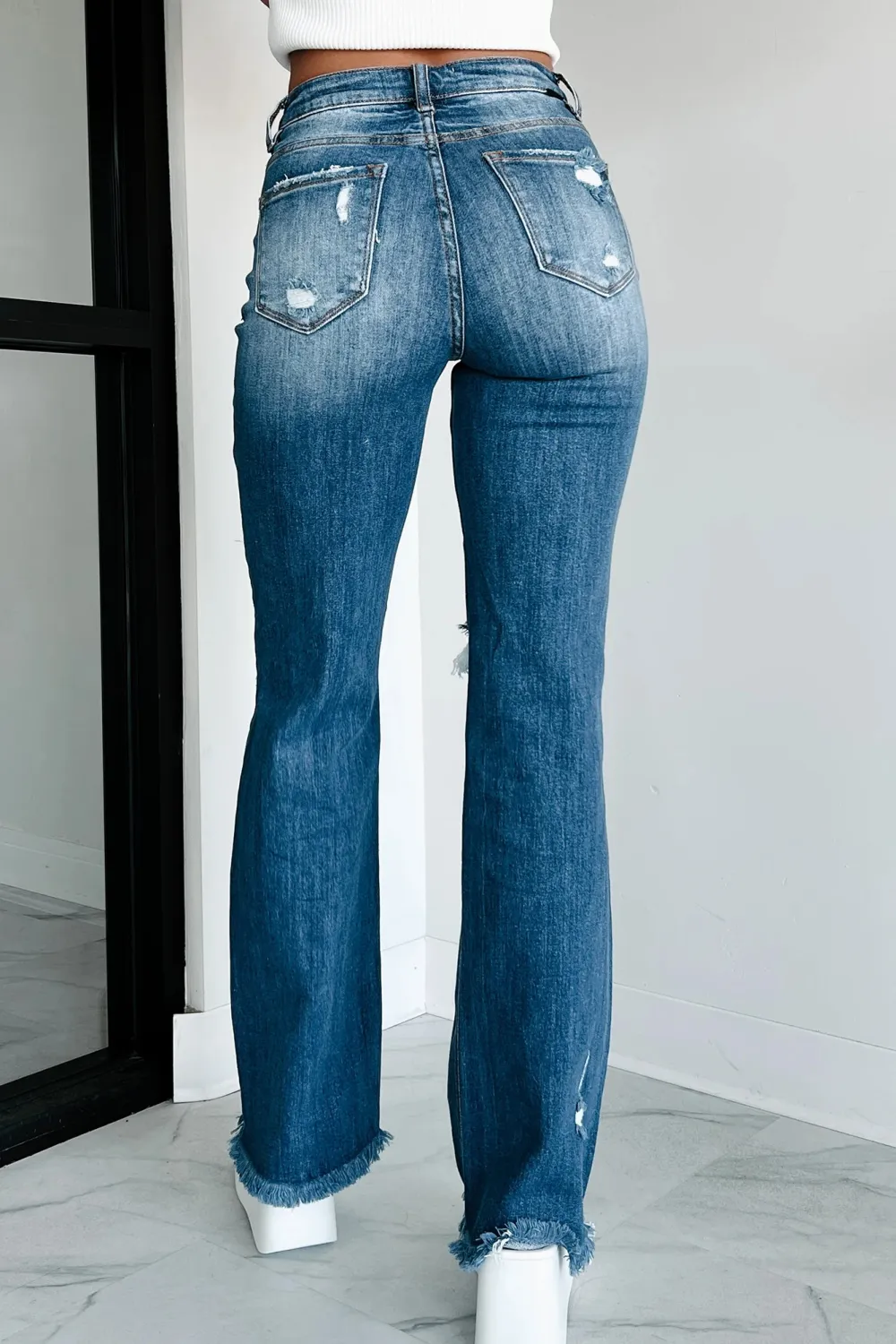 High Rise Distressed Risen Straight Leg Jeans