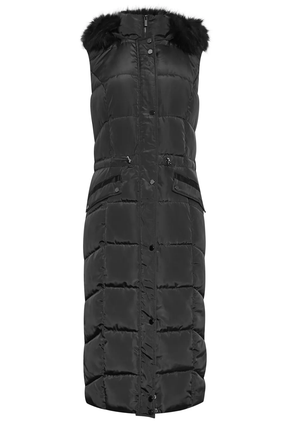 LTS Tall Black Faux Fur Trim Hooded Midi Gilet