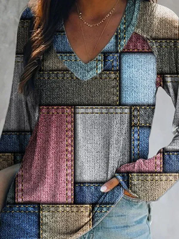 Printed Long Sleeve V Neck Casual Tunic T-Shirt